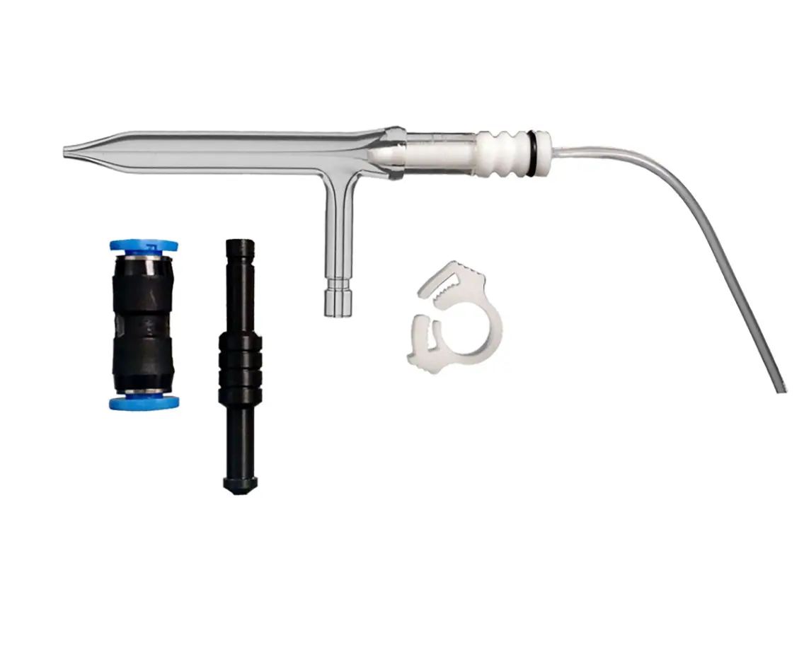 This is a nebulizer. A nebulizer's role is to convert a liquid sample into a fine aerosol that can be introduced into the plasma.